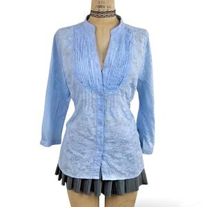 Western Womens M Pintuck Blue Floral Button Up Shirt Romantic Soft Girl Boho